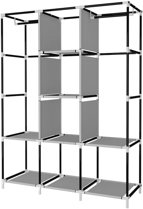 Portable Wooden  Wardrobe Closet Clothes Organizer No-Woven Fabric Cover with Storage Shelves, 2 Hanging Sections Cabinet Closet