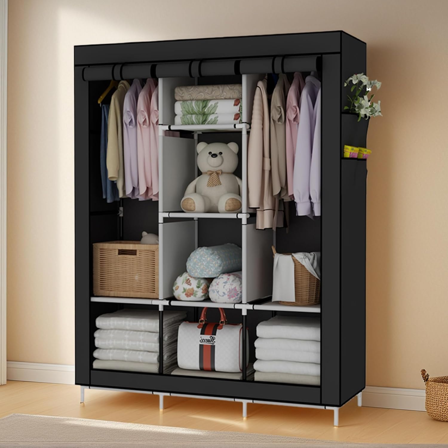 Portable Wooden  Wardrobe Closet Clothes Organizer No-Woven Fabric Cover with Storage Shelves, 2 Hanging Sections Cabinet Closet