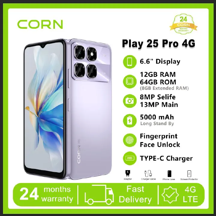 [NEW ARRIVAL] CORN PLAY 25 PRO 4G 6.6" STORAGE ROM 64GB RAM 12GB STRONG BATTERY 5000 MAH DOUBLE SIM CARD SMART PHONE ON OFFER FINGERPRINT FACE UNLOCK,8MP SEILFE 13MP TYPE-C 2 YEAR WARRANTY CHEAP PHONE