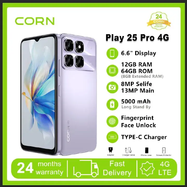 [NEW ARRIVAL] CORN PLAY 25 PRO 4G 6.6" STORAGE ROM 64GB RAM 12GB STRONG BATTERY 5000 MAH DOUBLE SIM CARD SMART PHONE ON OFFER FINGERPRINT FACE UNLOCK,8MP SEILFE 13MP TYPE-C 2 YEAR WARRANTY CHEAP PHONE