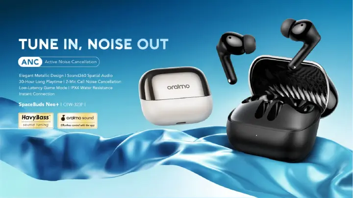 ORIGINAL ORAIMO SPACEBUDS NEO+ OTW-323P NOISE CANCELLATION 30 HOURS PLAYTIME METTALIC DESIGN WIRELESS EARBUDS BLUETOOTH CASE INPUT TYPE-C INSTANT CONNECTION 1 YEAR WARRANTY
