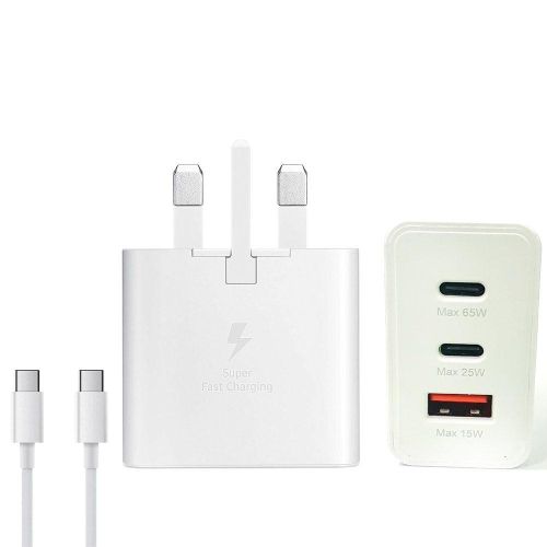 Samsung 65W UK Pin PD Power Adapter Trio USB C X 2 Ports, USB-A Port