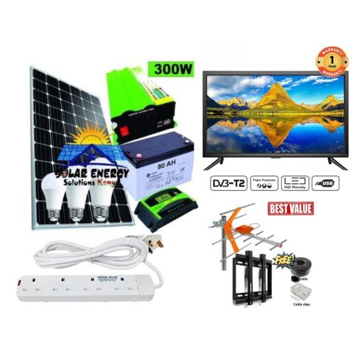 Solarmax 100W Solar Panel Full Installation Kit 100W Solar Panel + 80AH Solar Battery + 300W Solar Inverter + 10AH Solar Controller + 3 DC Bulbs + Free 22 Solar Digital TV DC TV + Extension + Aerial +