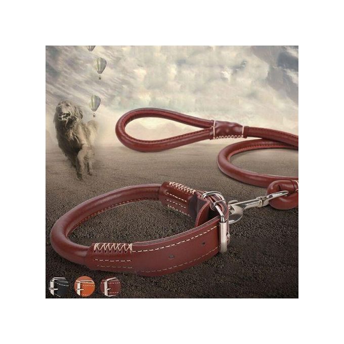 “Adjustable Easy‑Grip Rolled‑Up PU Leather Dog Collar & Leash Set — Anti‑Hair Tangling, Available in Black & Brown”