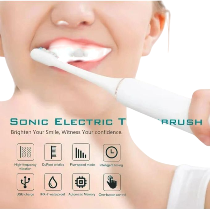 "Sonic Electric Toothbrush for Adults – USB Rechargeable Toothbrush with 4 Replaceable DuPont Brush Heads, High-Frequency Cleaning & IPX7 Waterproof Design | Available in Pink, White & Black"
