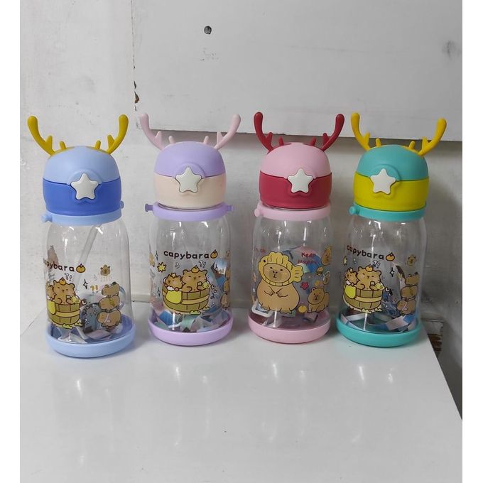 BPA Free Reindeer Design Plastic Water Bottle with Neck Strap for School Kids/Toddlers/Babies - 500ml Kids Cartoon Sipper Bottle