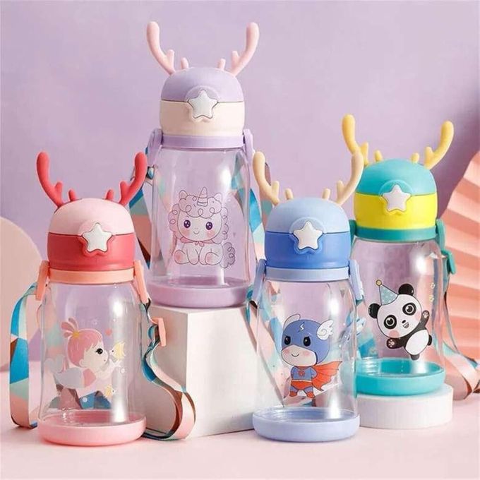 BPA Free Reindeer Design Plastic Water Bottle with Neck Strap for School Kids/Toddlers/Babies - 500ml Kids Cartoon Sipper Bottle