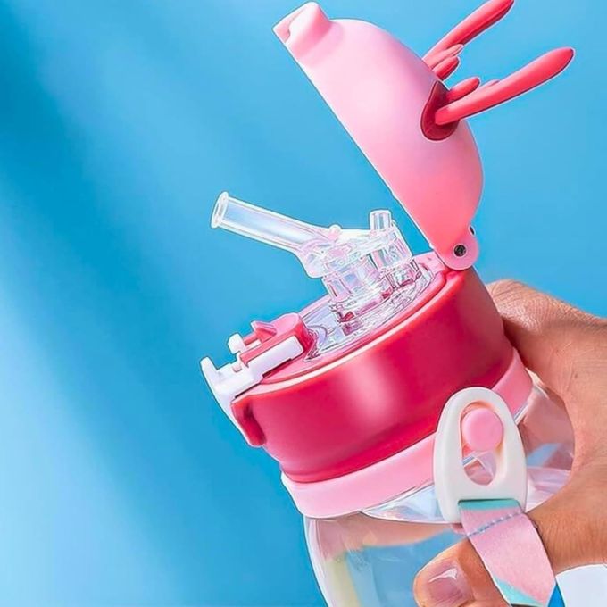 BPA Free Reindeer Design Plastic Water Bottle with Neck Strap for School Kids/Toddlers/Babies - 500ml Kids Cartoon Sipper Bottle