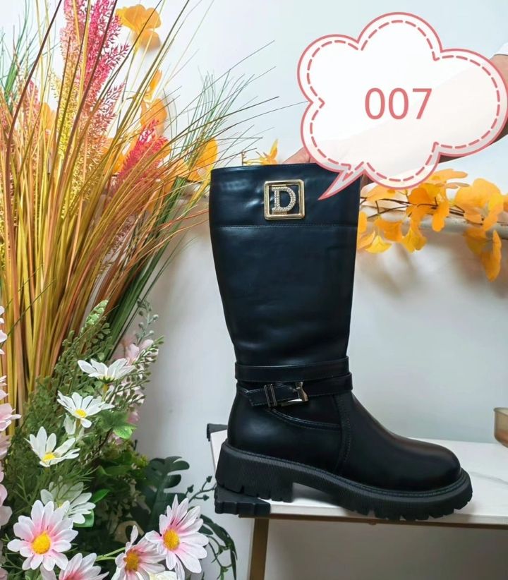 Ladies Low Heel Casual Long Women's Boots Plus Cotton Warm Zipper Round-Toe Winter Shoes Motorcycle Boots Knee High Women