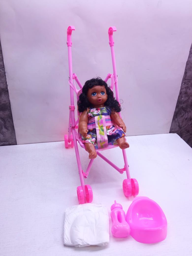 Doll Plus a Stroller 🔥🔥🔥28cm doll, 45cm stroller. Come with toilet training potty, diaper and feeding bottle. The doll is able to drink water and makes crying sounds 🔥🔥🔥