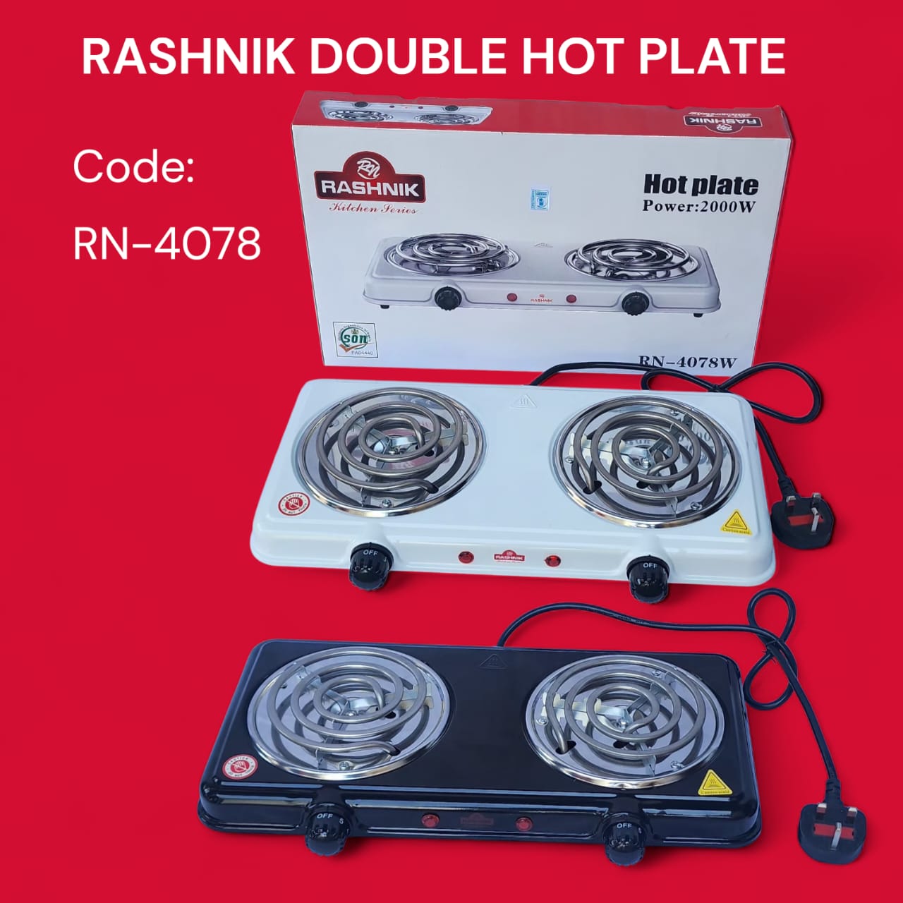 🔥 RASHNIK Double Hot Plate RN-4078 – 2000W Powerful Electric Cooker 🍳⚡
Upgrade your kitchen with the reliable Rashnik Double Hot Plate, engineered for fast, efficient, and convenient cooking at hom