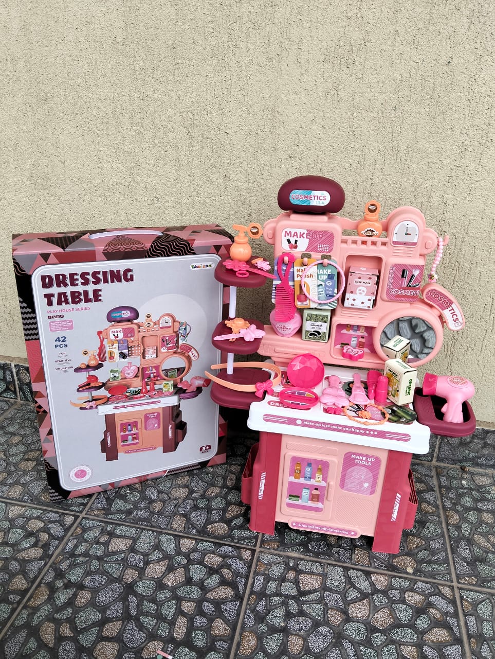 New Arrivals Kids Dressing Table Set – 42PCS Beauty & Makeup Playset with Mirror, Accessories & Hair Dryer | Pretend Play Toy for Girls (3+ Years).🪞 Dressing Table Design.🌈 Attractive Pink Design.