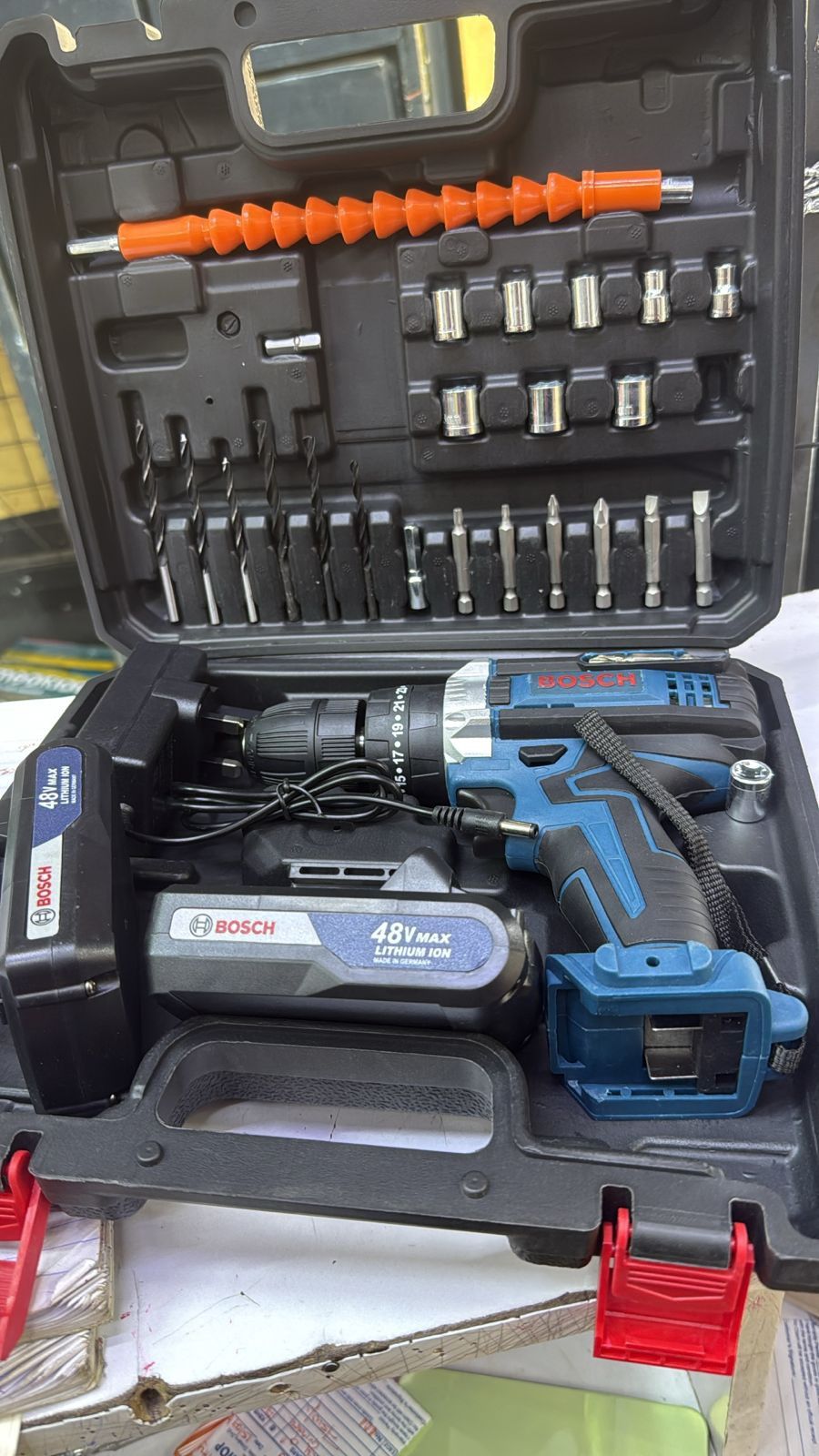 BOSCH 48 V CORDLESS DRILL, Cordless Convenience, Rechargeable Lithium Battery, Variable Speed Control, Forward/Reverse Function.