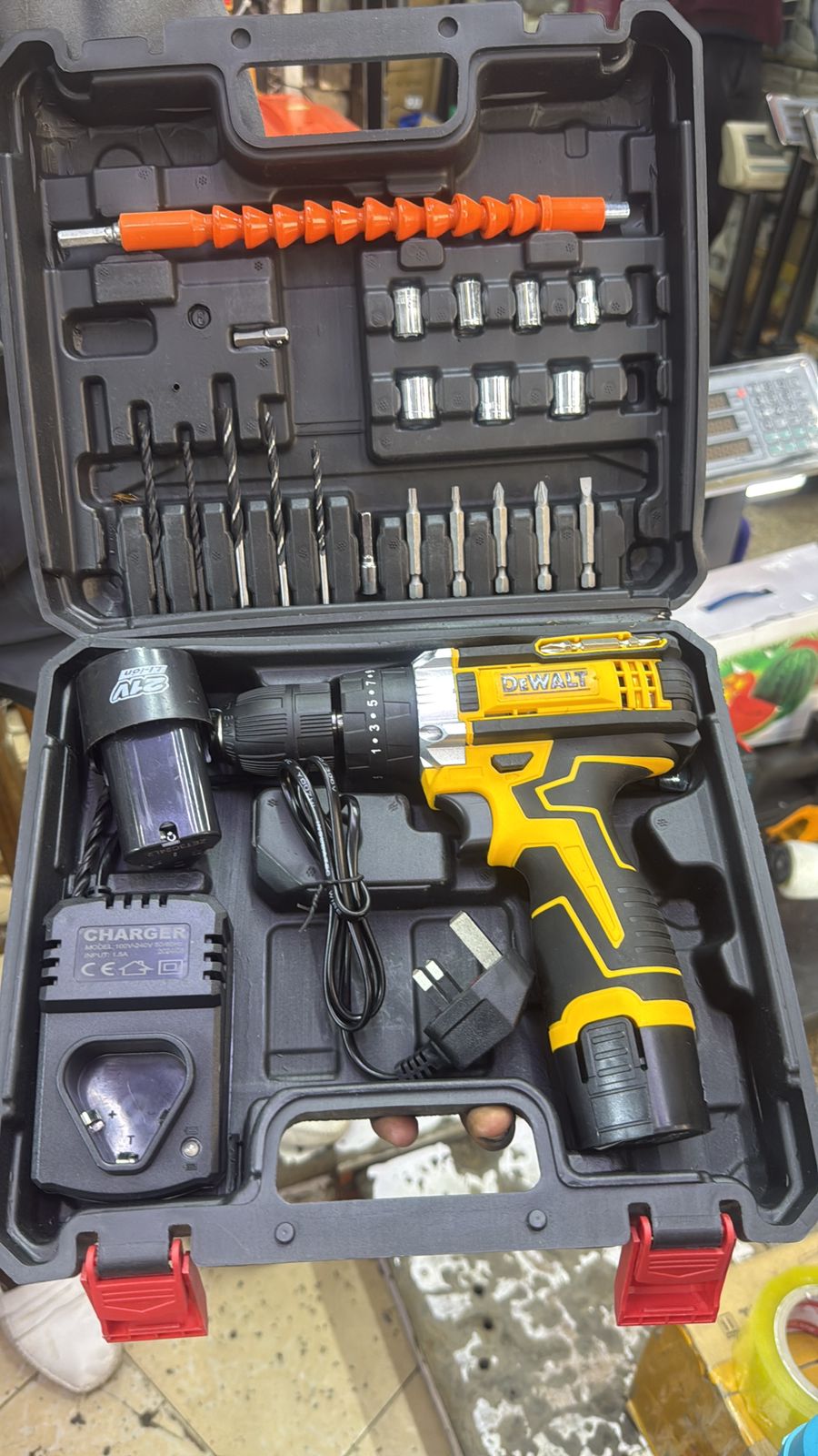 DRILL SET. Dewalt Cordless Electric Drill Set, Cordless Drill, Batteries, Charger, Drill Bits and Accessories.