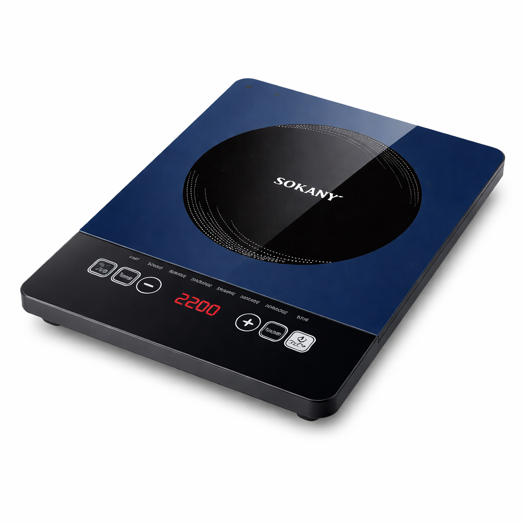 Sokany Induction Cooker-single Burner. Sensor touch control  240 minute cooking timer and 24 hours preset timer Shows voltage and power consumption Flexible temperature adjustments 5 cooking functions
