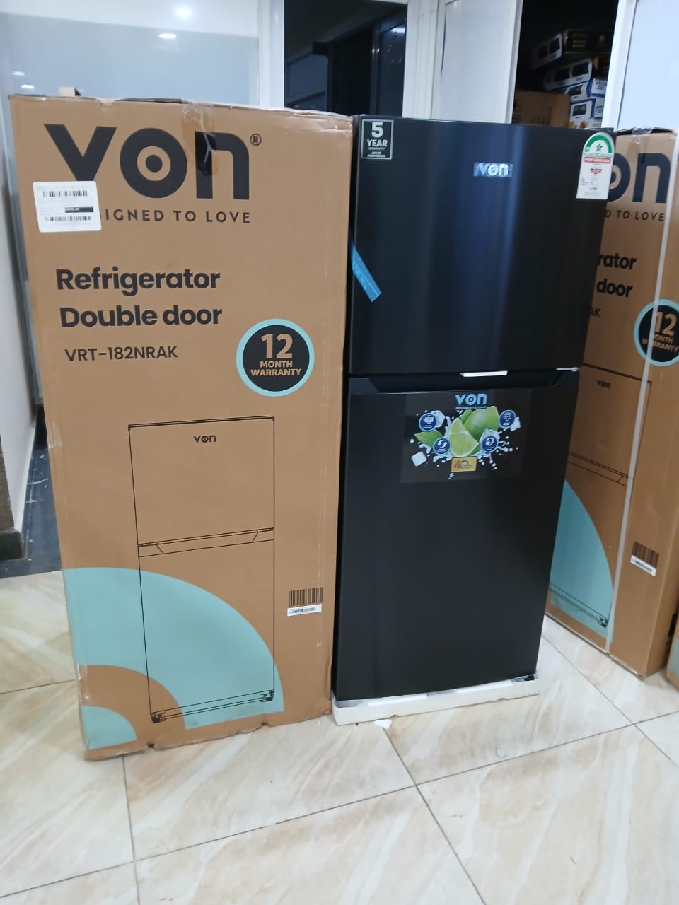 VON 182 LITRES NO FROST DOUBLE DOOR REFRIGERATOR, Deep utility door pockets, LED lighting in the fridge compartment, Reversible door, Toughened glass shelves, Ice and egg tray provided.