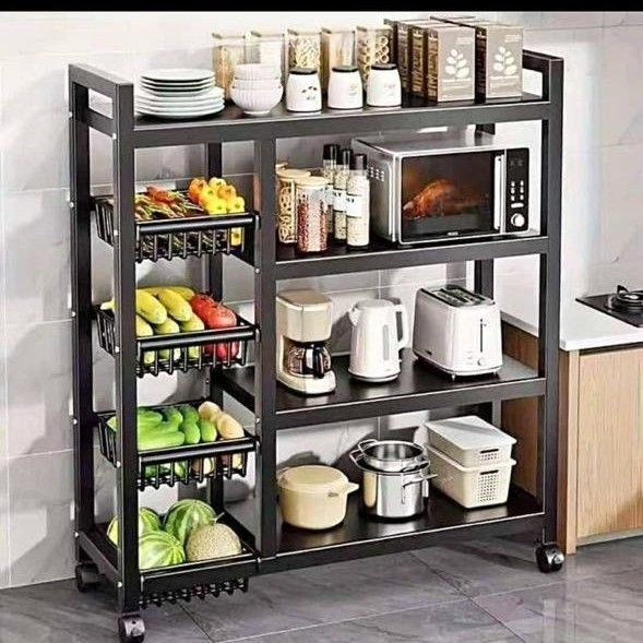 Microwave Stand with Fruit Rack – 90cm Kitchen Organizer with Multi-Tier Storage, Featuring 4 iron nets and 4 iron plates, it provides ample storage for your microwave, fruits, vegetables, etc