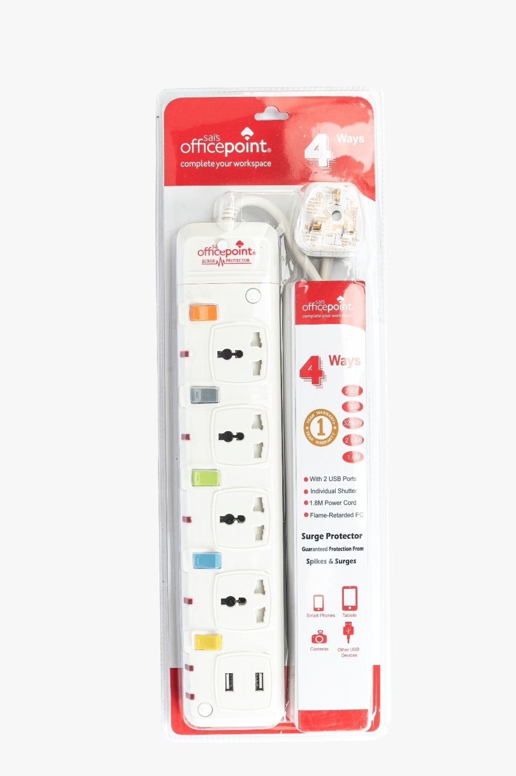 Office Point 4 Ways Power Extension With Surge Protect & 2 USB Ports