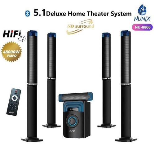 Nunix (NU-8086) 5.1 Woofer/mini Home Theatre Speaker System, Amazing Sound, Super Bass surround, High tech Multimedia, Aux/FM ready, USB Support.
