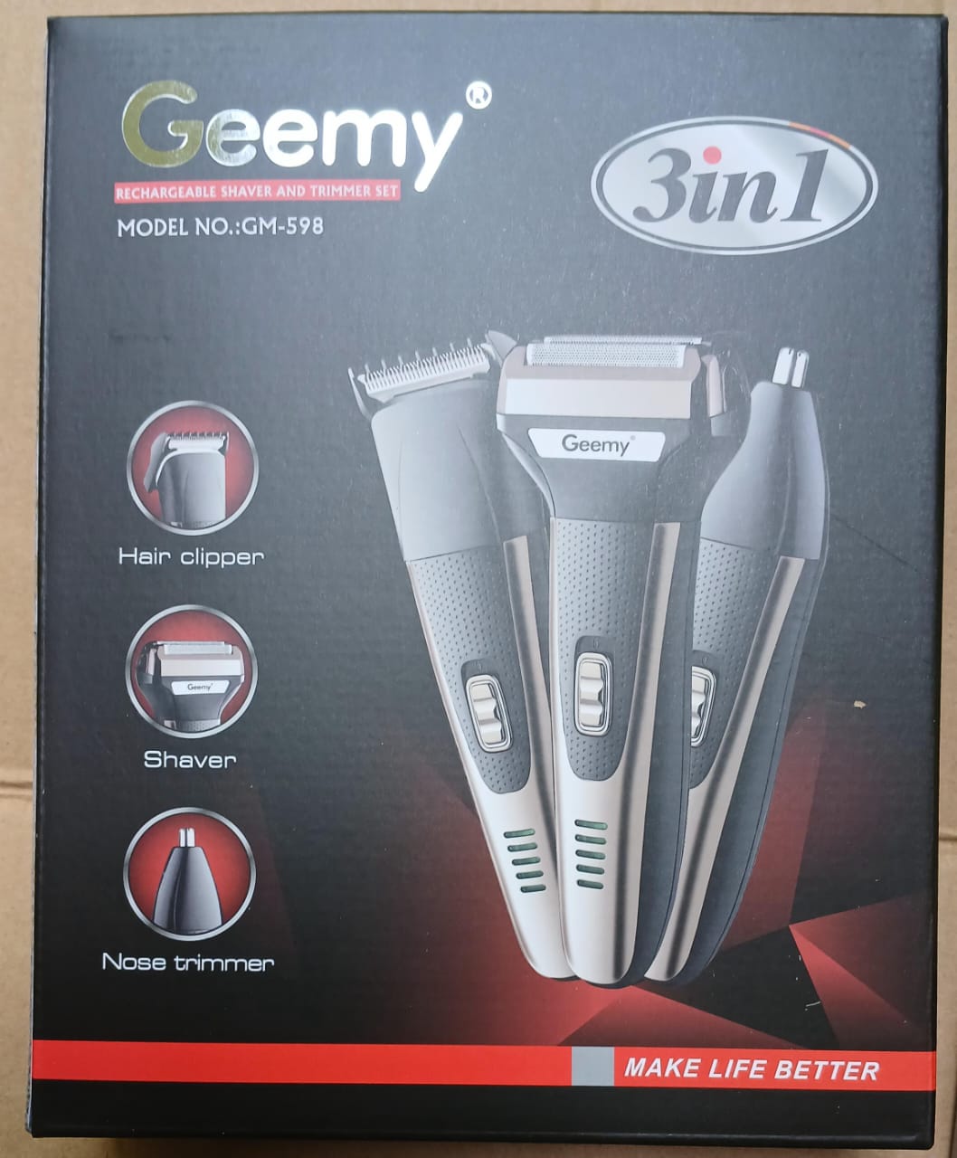 3 In 1 Rechargeable Hair, Beard & Nose Shaver / Trimmer Set - It comes with a set of 3 detachable trimmers suitable for use to trim hair, beard, ears and nose