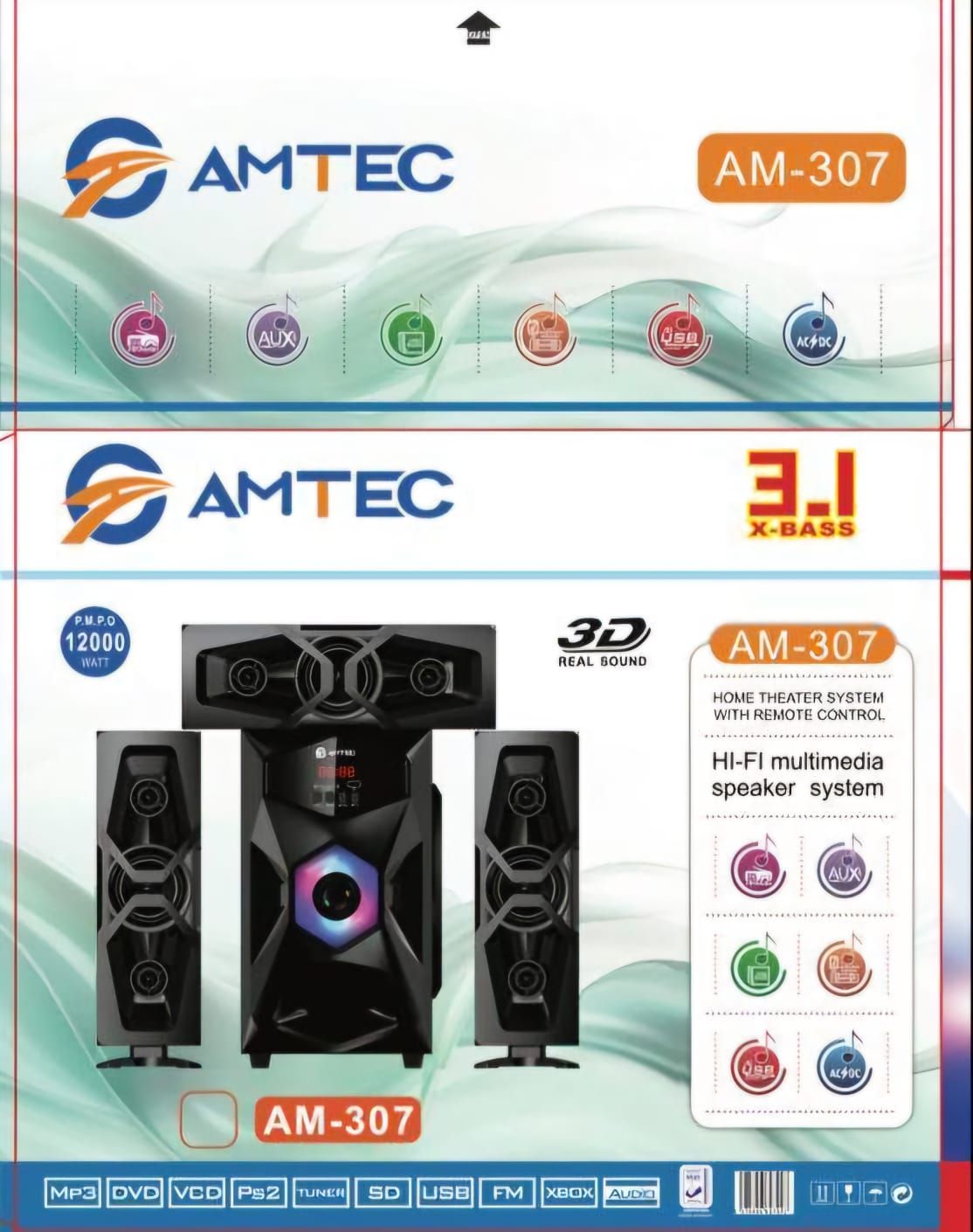 AMTEC AM-307 HOME THEATER SYSTEM - Amazing Sound, Super Bass surround,High-tech Multimedia, Aux/FM ready, USB Support, Bluetooth Speaker ,12000W PMPO .