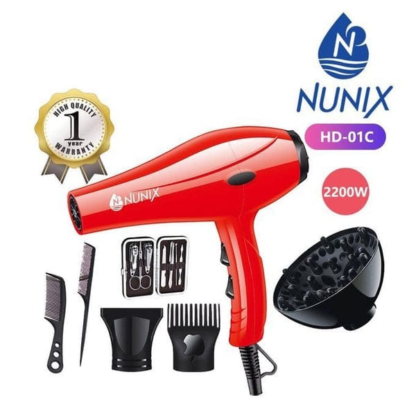 Nunix HD-01C 2200W Blow Dry Hair Dryer - 2 Speed and 3 Heat Settings ,With Ultra Thin Concentrator For Precise and Quickly Styling.