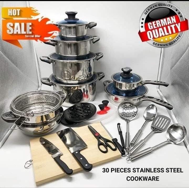 MARWA 30 PCS STAINLESS STEEL COOKWARE SET SUFURIA/POT/WITH GLASS LIDS - Premium stainless aluminium offers optimum cooking performance, Tight-fitting covers seal in moisture and nutrients.