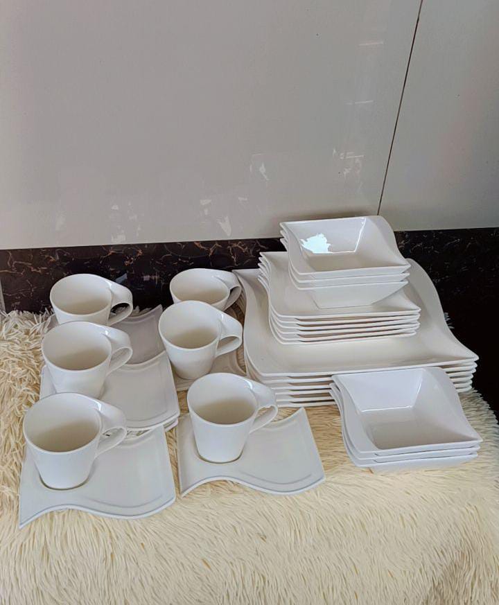 30 PCS WAVY CERAMIC DINNER SET - 6 wavy plates, 6 wavy side plates, 6 wavy bowls, 6 wavy cups, 6 wavy cup saucers