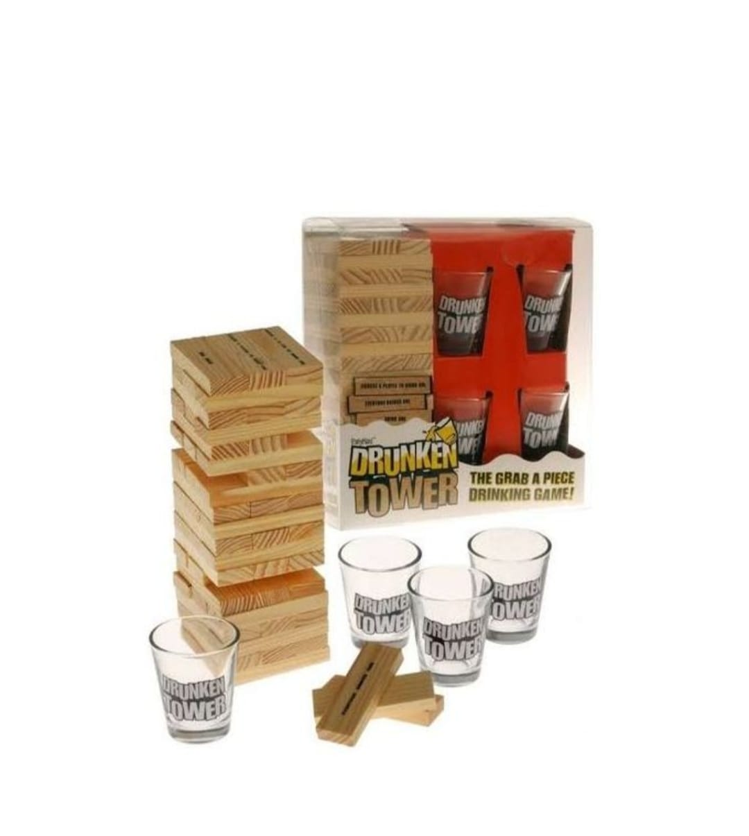 Jenga Drunken Tower Game with Drinking Glasses Drinking Game - Includes 4 Shot Glasses, 60 Stacking Wooden Blocks with Designer Gift Box, Unique instructions on each block