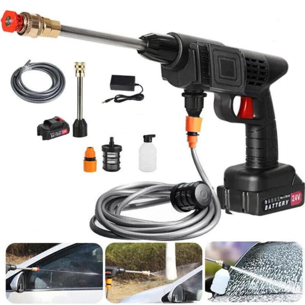 CAR WASHING GUN - Cordless design, lightweight and portable, convenient to use, Copper motor design, with strong impact force, and long watering distance.