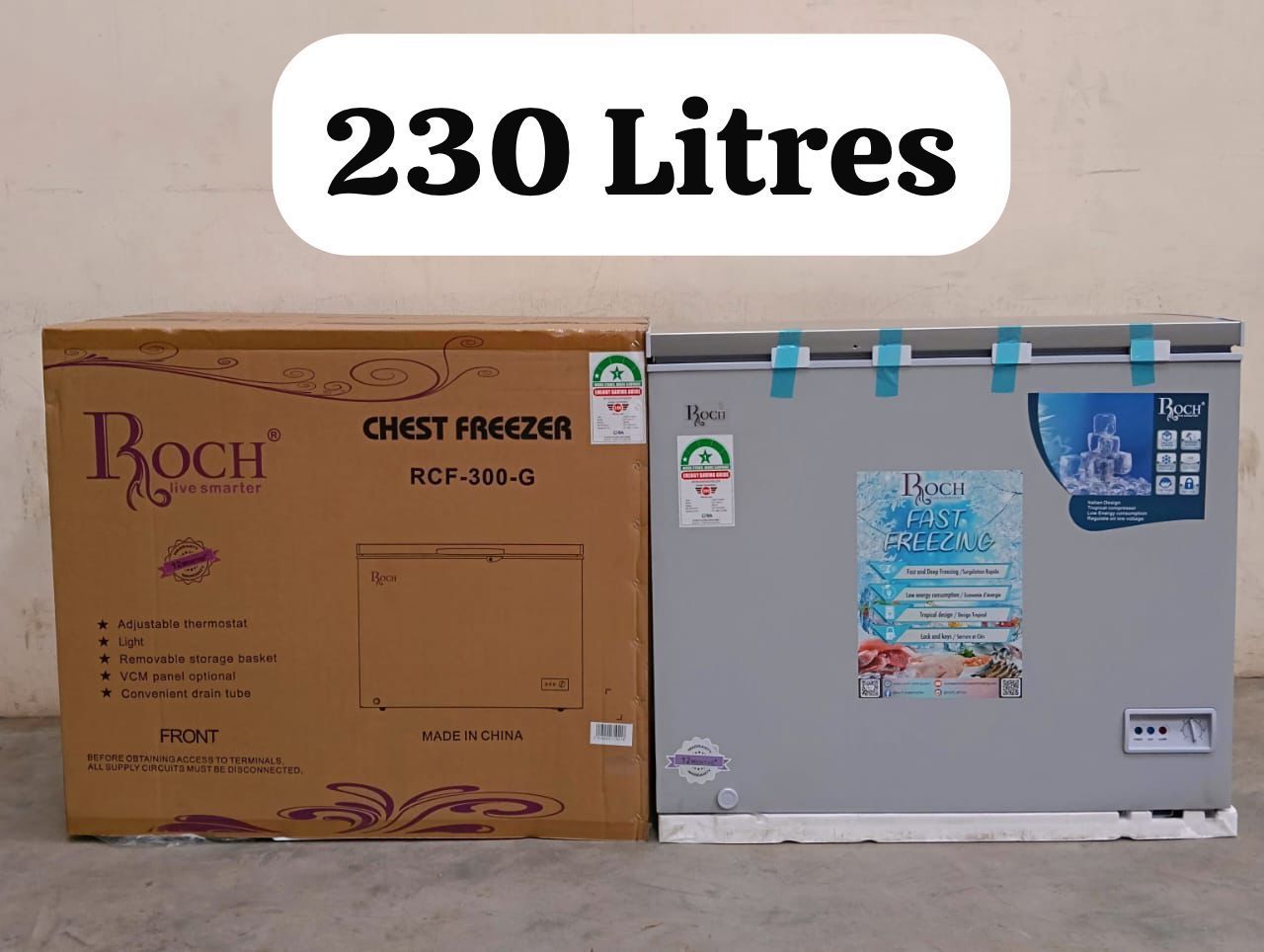 230 LITRES ROCH CHEST FREEZER WITH COOL PACK  SLIDING GLASS LOCK AND KEY