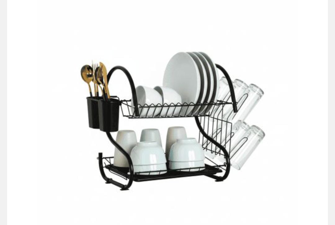 Rashnik 2 Tier Stainless Steel Dish Rack - Rust-resistant & durable, Two-tier design for maximum plate, bowl & cup storage, Includes removable drain board for clean, dry countertops.