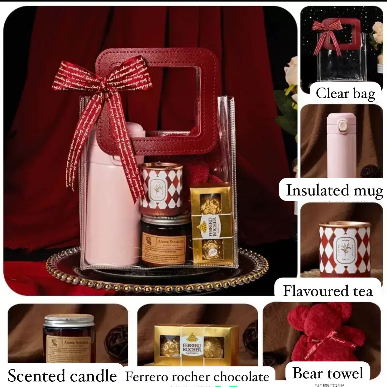 🌹 💖VALENTINE'S DAY GIFT SET. Pink Insulated mug, Ferrero Rocher chocolates, Ferrero Rocher chocolates, rice soap/honey jar, Card, 2 Gift bags with Ribbon, scented candle/flavoured tea.