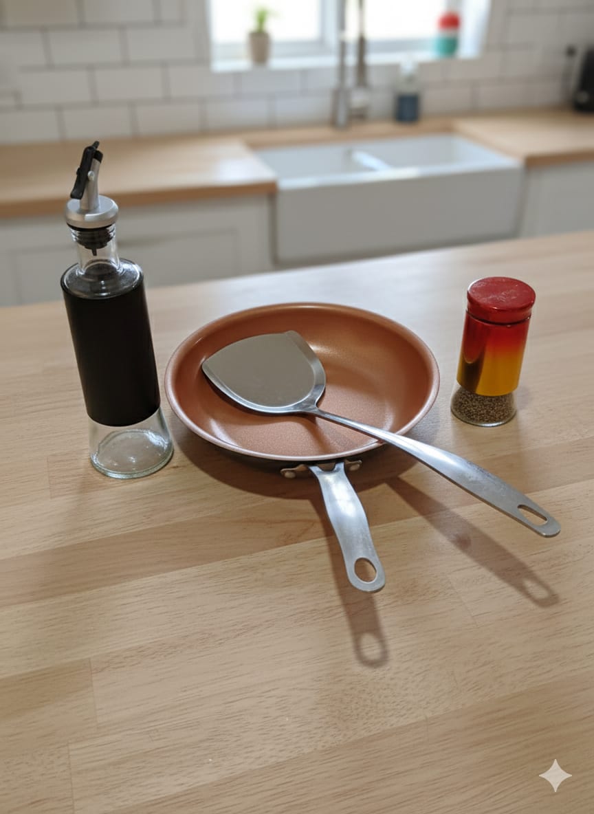 Breakfast Cooking Set – 22cm Gotham Nonstick Pan with Accessories, It also includes a convenient oil dispenser, a durable stainless steel egg (mayai) spoon, and a colorful rainbow salt shaker.
