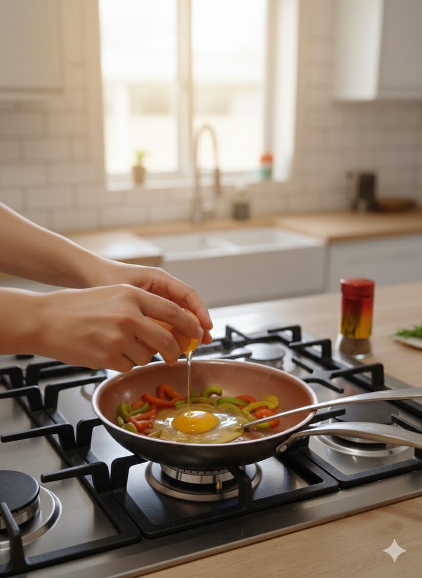 Breakfast Cooking Set – 22cm Gotham Nonstick Pan with Accessories, It also includes a convenient oil dispenser, a durable stainless steel egg (mayai) spoon, and a colorful rainbow salt shaker.