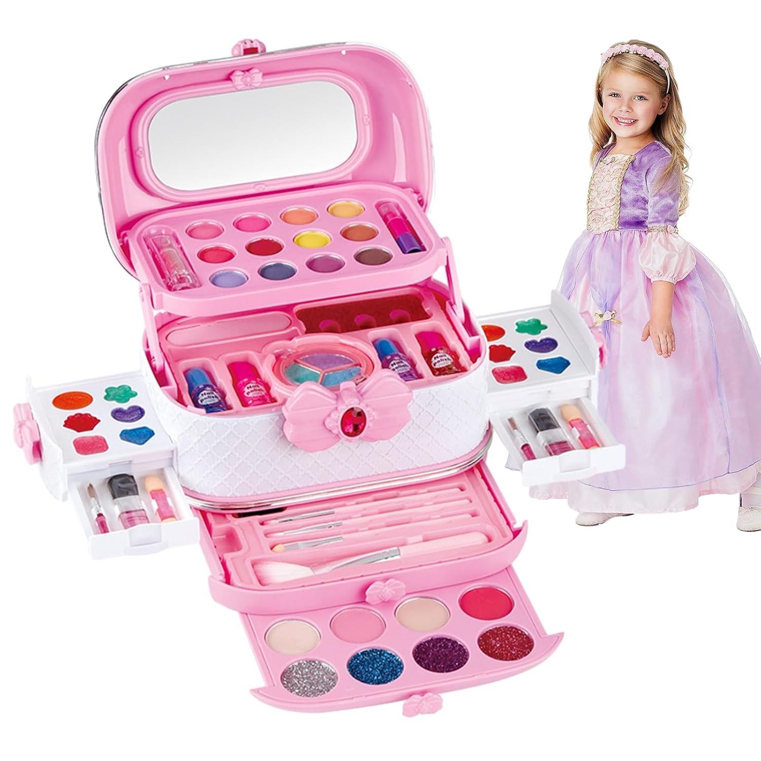 Kids’ Make-Up Kit with Case & Mirror – Fun & Safe Beauty Play Set 🎀👧, Complete kit with makeup, compact case, and mirror, Child-safe ingredients.