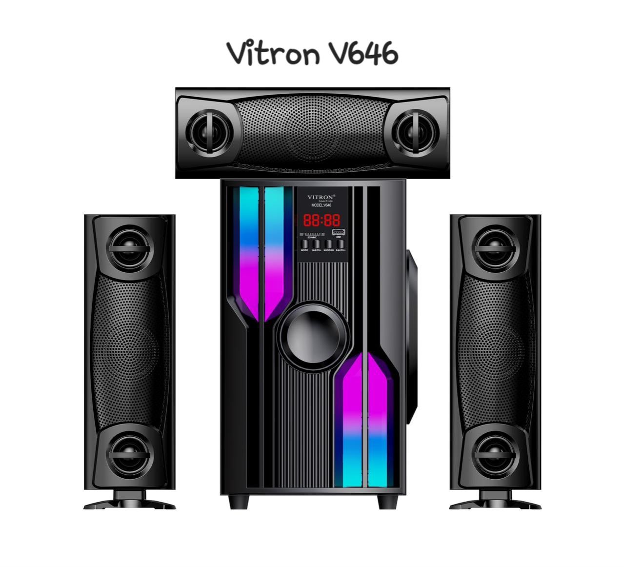 Vitron V646 3.1Ch Bluetooth Speaker System, 10000W PMPO - Black , built-in add-ons, like Bluetooth, Auxilliary, USB, and Micro SD in addition to supporting MP3, FM Radio .