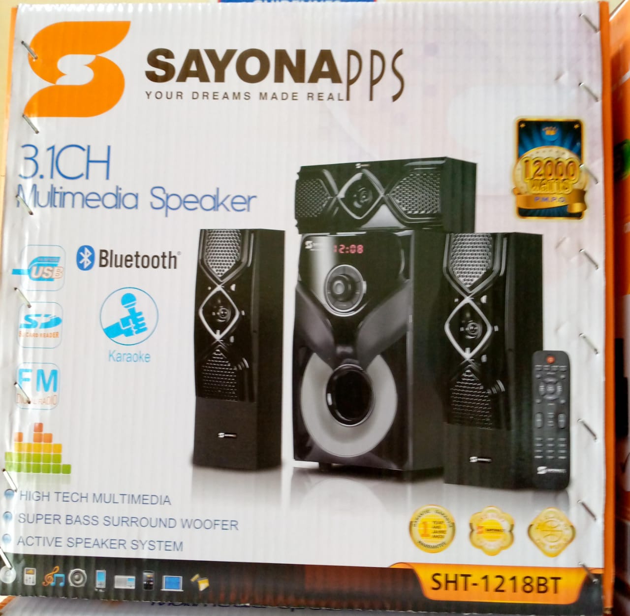 Sayona (SHT 1217BT)  3.1 Channel Subwoofer Speaker System - 12000W P.M.P.O, SD and USB card reader, Digital FM radio, Auxiliary support, Frequency response: 40Hz- 20KHZ, Remote control, Super bass.