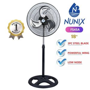 Nunix (FS45A) 18 inches Free Standing Fan With Steel Blade - 3 speed, Special design fan blade & powerful motor for strong air delivery, Quiet operation, Night lamp, Tilting angle adjustment.