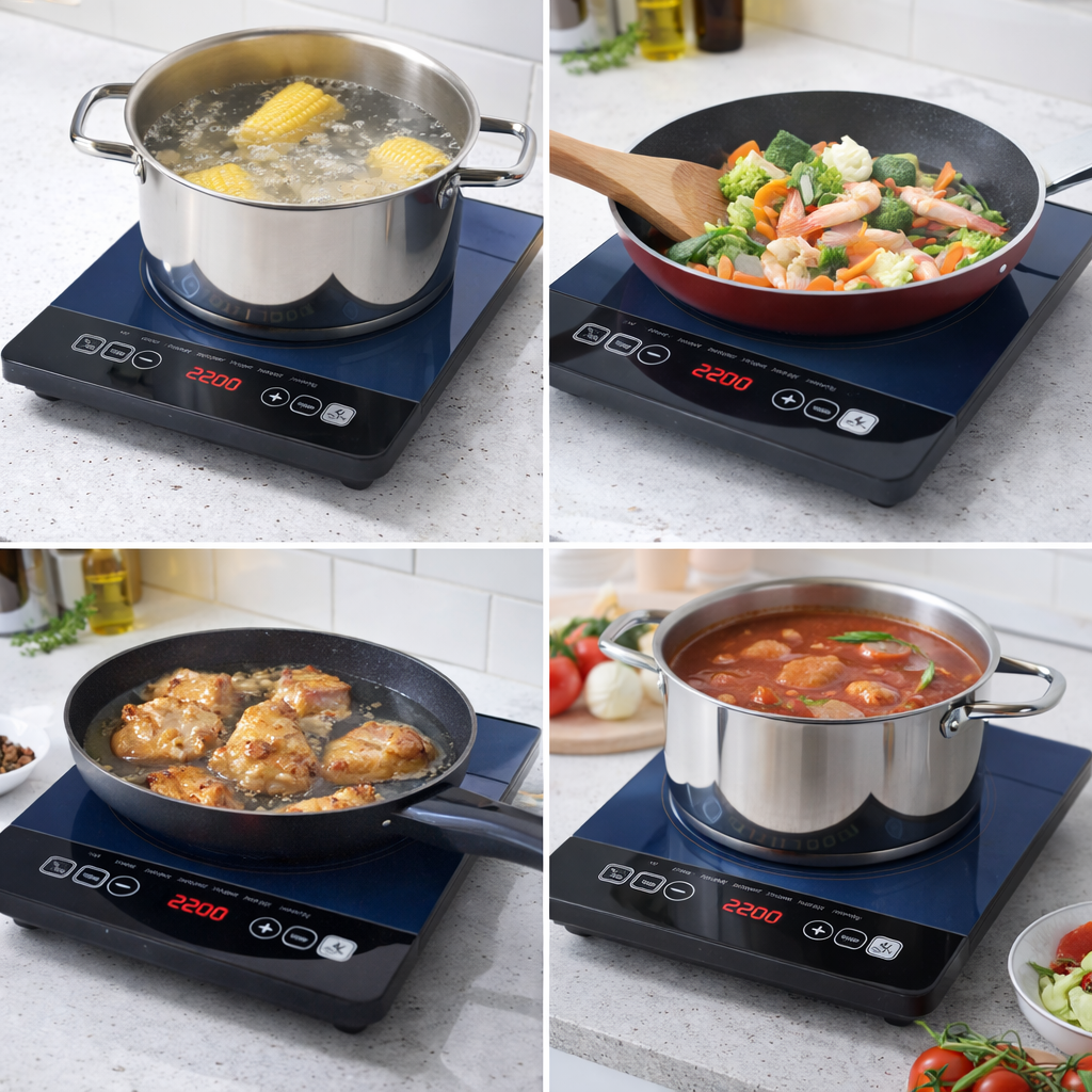 Sokany Portable Induction CookerSensor touch control  4 digit LED display 240 minute cooking timer and 24 hours preset timer Shows voltage and power consumption Flexible temperature adjustments 5 cook