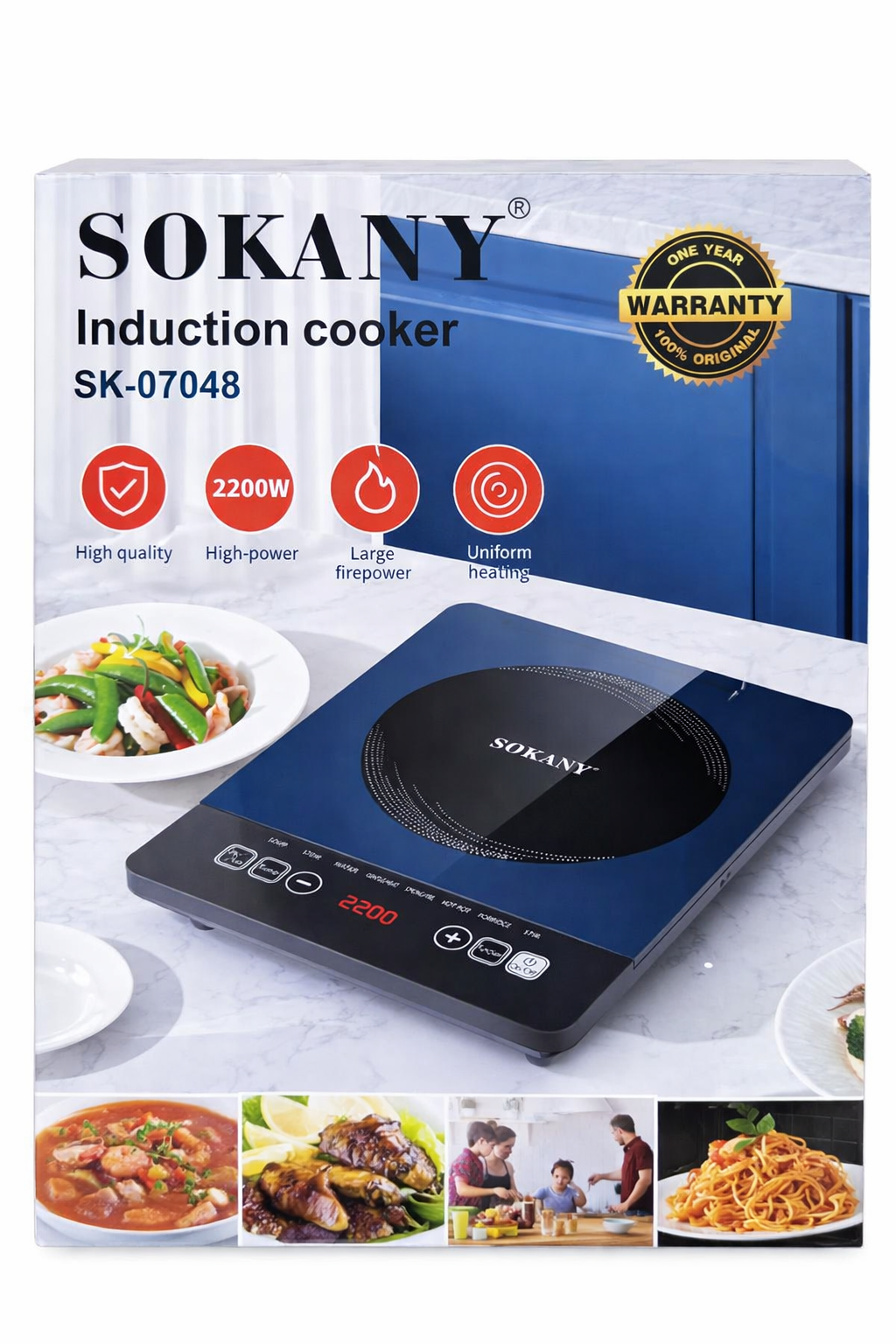 Sokany Portable Induction CookerSensor touch control  4 digit LED display 240 minute cooking timer and 24 hours preset timer Shows voltage and power consumption Flexible temperature adjustments 5 cook