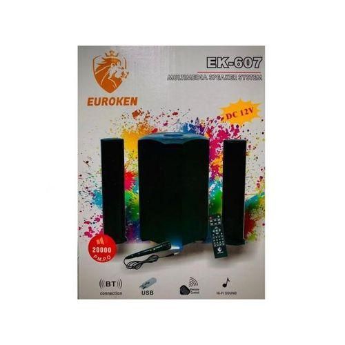 Euroken EK-607 BT 2.1CHANNEL HIGH QUALITY SOUND SYSTEM 20000W
Output Power:  80W + 15*2
P.M.P.O:20000W PMPO
S/N: 78>dB
Frequency: Subwoofer 40Hz – 250KHz
Satellite: 250KHz – 20KHz
Speaker Unit: Subwoo