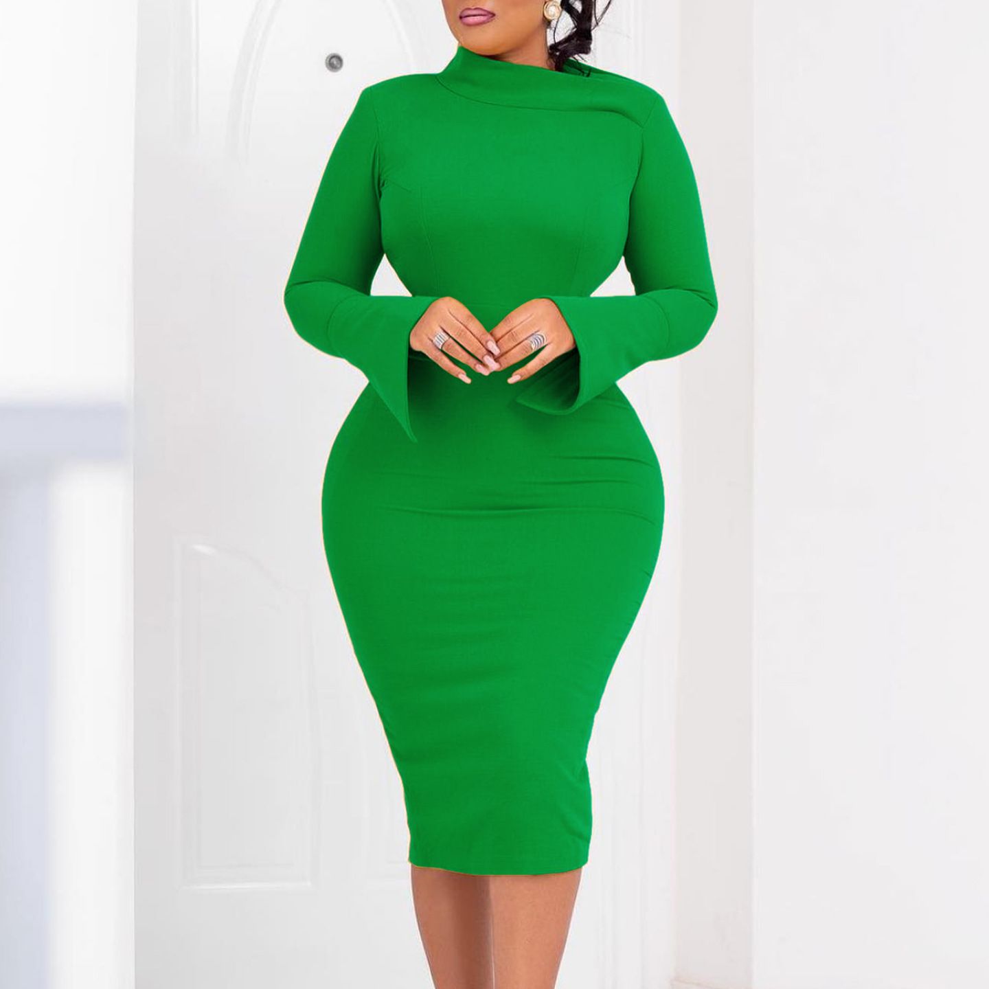 New Product Selection: D441 Autumn/Winter New Long Sleeve Bag Hip Size, Diagonal Collar, Personalized Collar, Solid Color, Large Size, Long Sleeve Women's Clothing, African Dress