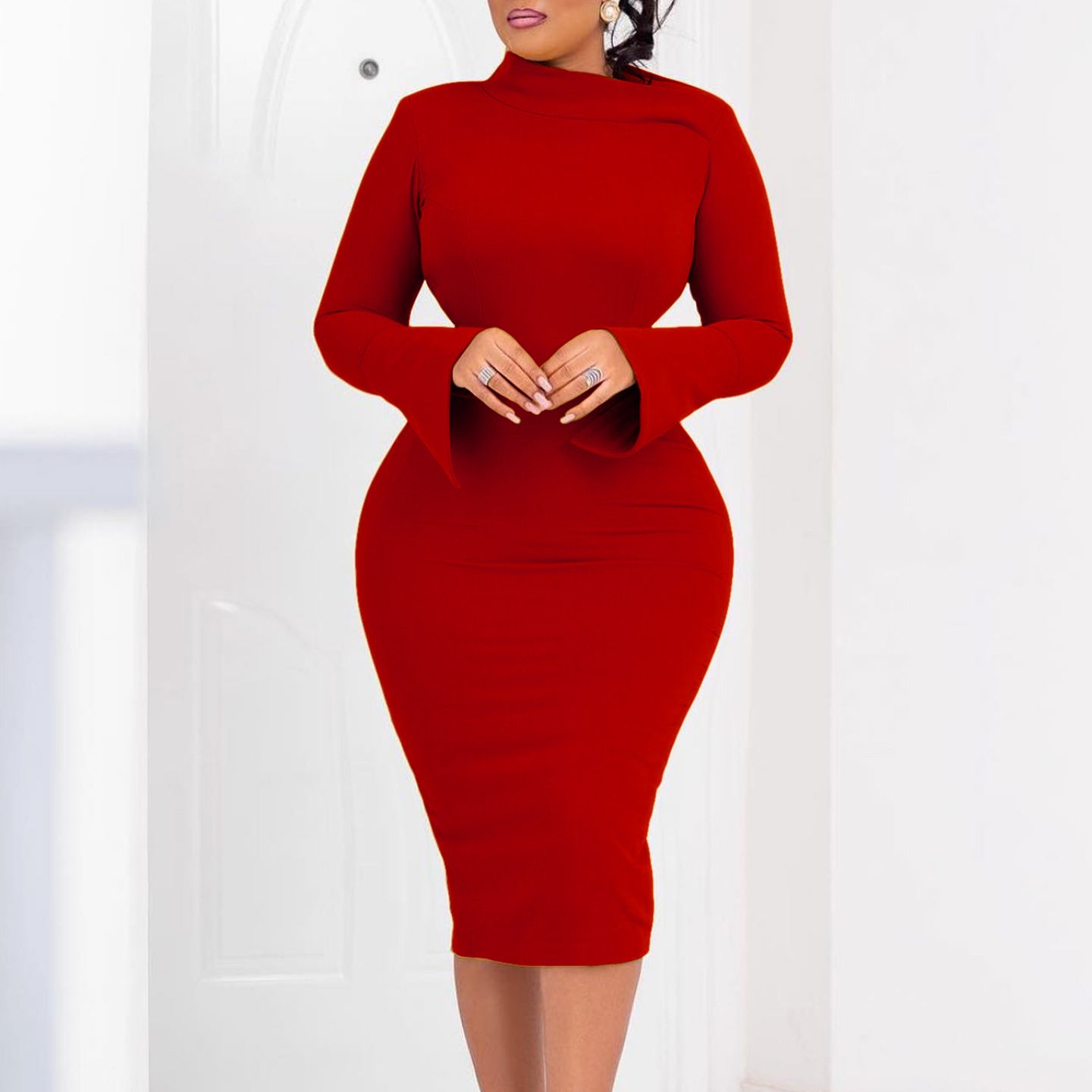 New Product Selection: D441 Autumn/Winter New Long Sleeve Bag Hip Size, Diagonal Collar, Personalized Collar, Solid Color, Large Size, Long Sleeve Women's Clothing, African Dress