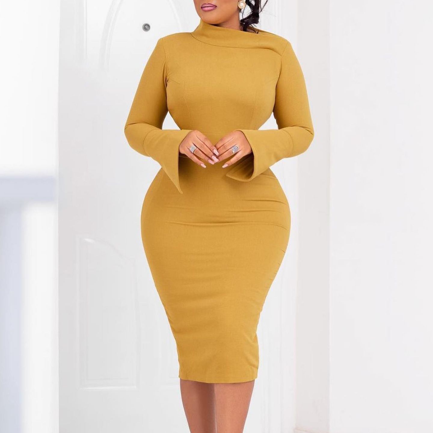 New Product Selection: D441 Autumn/Winter New Long Sleeve Bag Hip Size, Diagonal Collar, Personalized Collar, Solid Color, Large Size, Long Sleeve Women's Clothing, African Dress