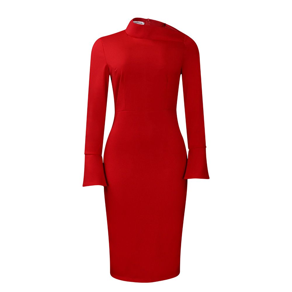New Product Selection: D441 Autumn/Winter New Long Sleeve Bag Hip Size, Diagonal Collar, Personalized Collar, Solid Color, Large Size, Long Sleeve Women's Clothing, African Dress