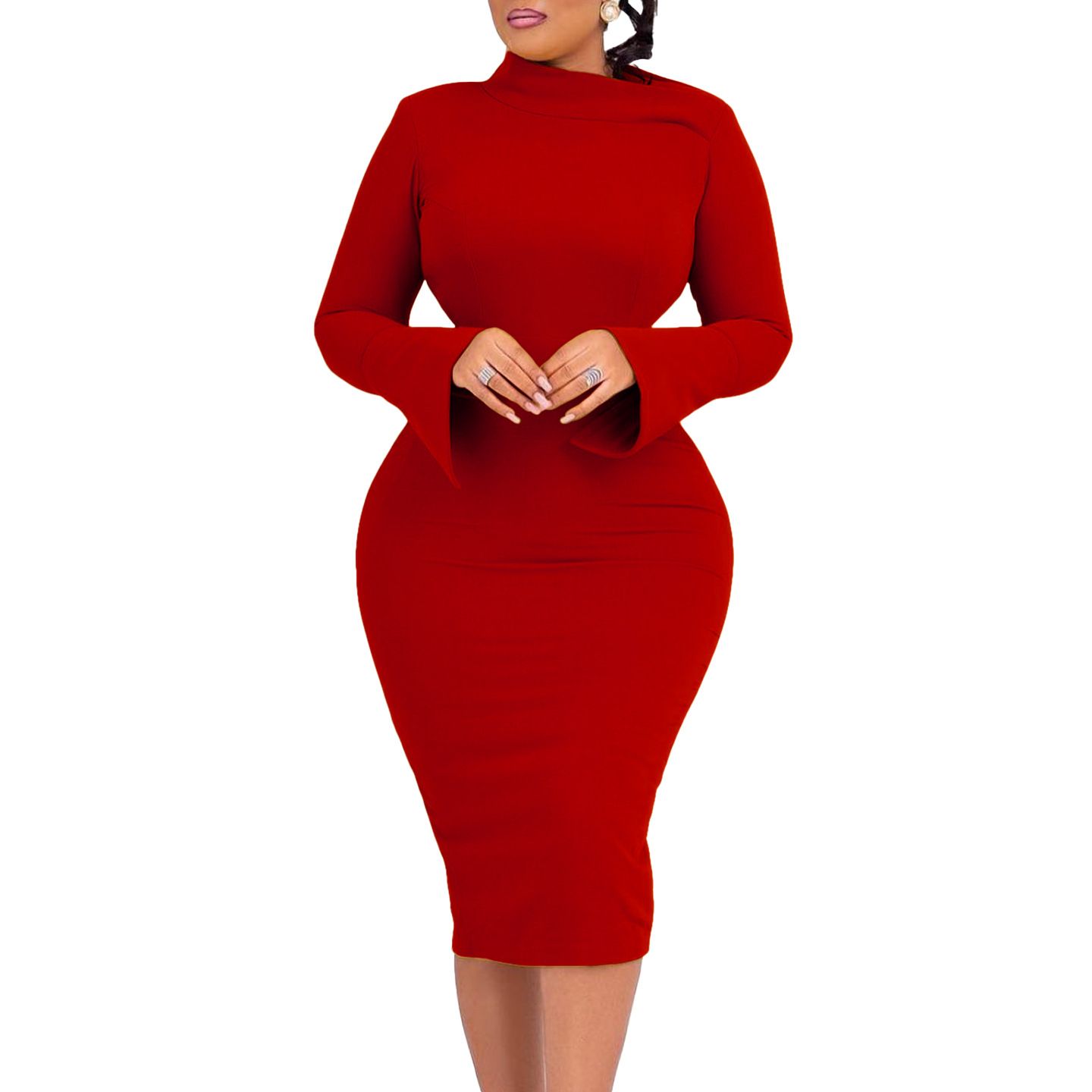 New Product Selection: D441 Autumn/Winter New Long Sleeve Bag Hip Size, Diagonal Collar, Personalized Collar, Solid Color, Large Size, Long Sleeve Women's Clothing, African Dress