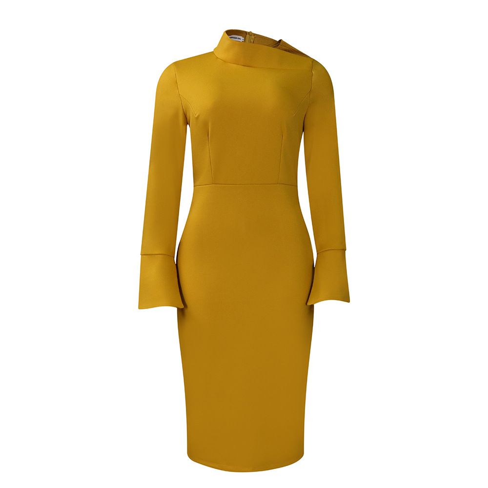 New Product Selection: D441 Autumn/Winter New Long Sleeve Bag Hip Size, Diagonal Collar, Personalized Collar, Solid Color, Large Size, Long Sleeve Women's Clothing, African Dress