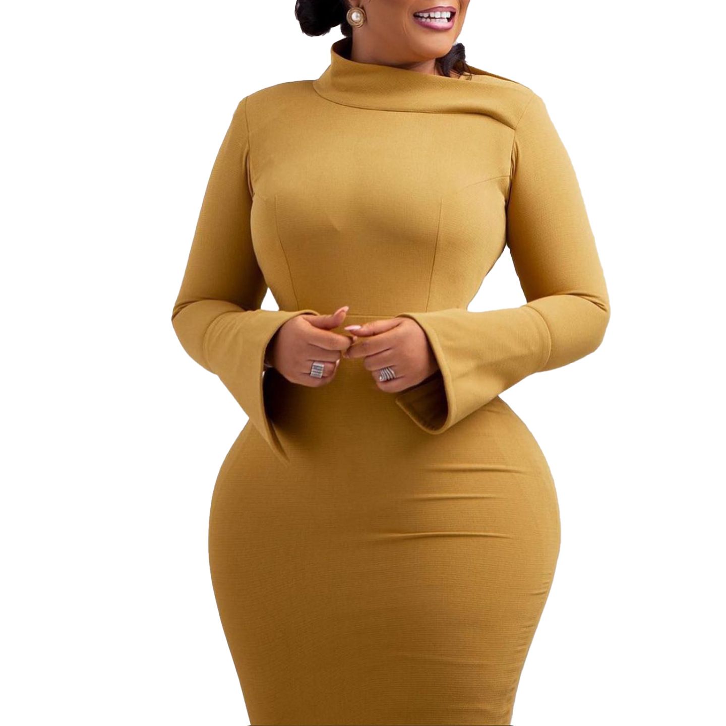 New Product Selection: D441 Autumn/Winter New Long Sleeve Bag Hip Size, Diagonal Collar, Personalized Collar, Solid Color, Large Size, Long Sleeve Women's Clothing, African Dress