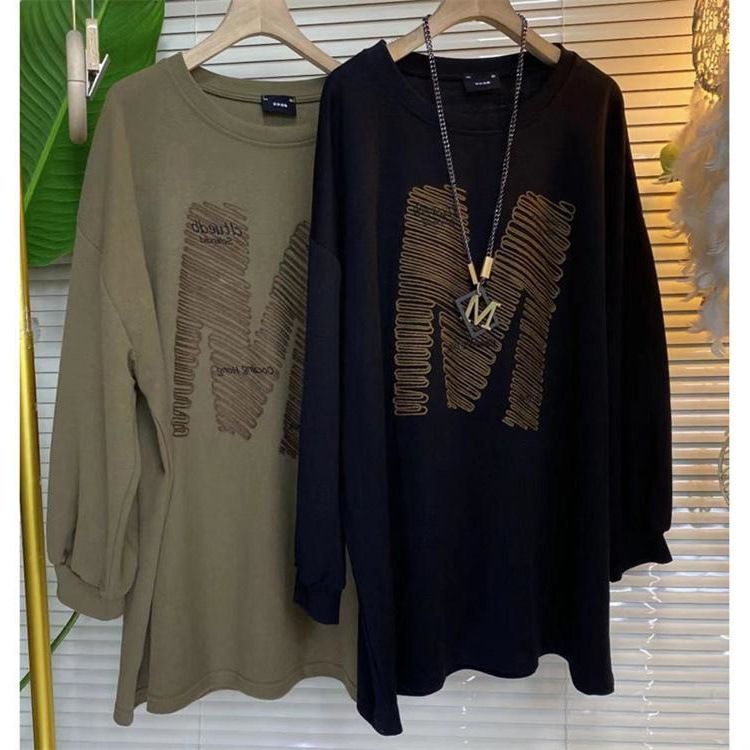 New product selection: Fat MM 300 pounds plus size, loose belly covering long sleeved top, women's Korean version, mid to long length, lazy style, versatile hoodie, trendy